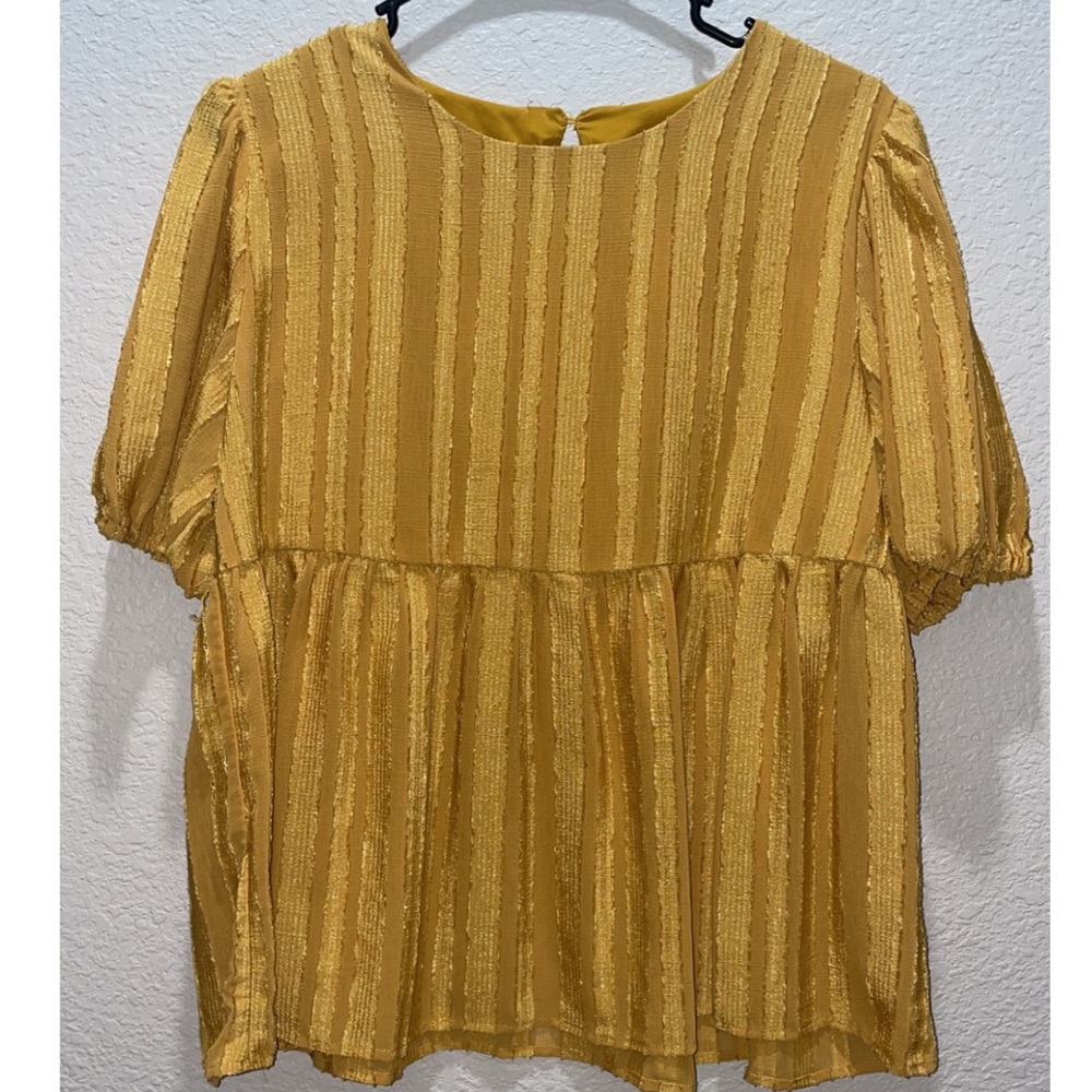 Ontwelfth Golden Shimmer Striped Baby Doll Short Sleeve Blouse Semi Sheer Large